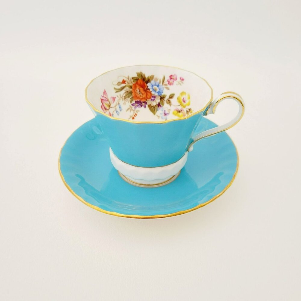 Vintage Aynsley Robin Egg Blue Teacup & Saucer Wild Flower Bouquet Shabby Chic